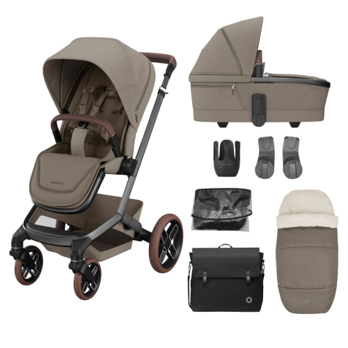 Maxi Cosi FAME 7 Piece Essentials Bundle Twillic Truffle (with Brown Wheels)