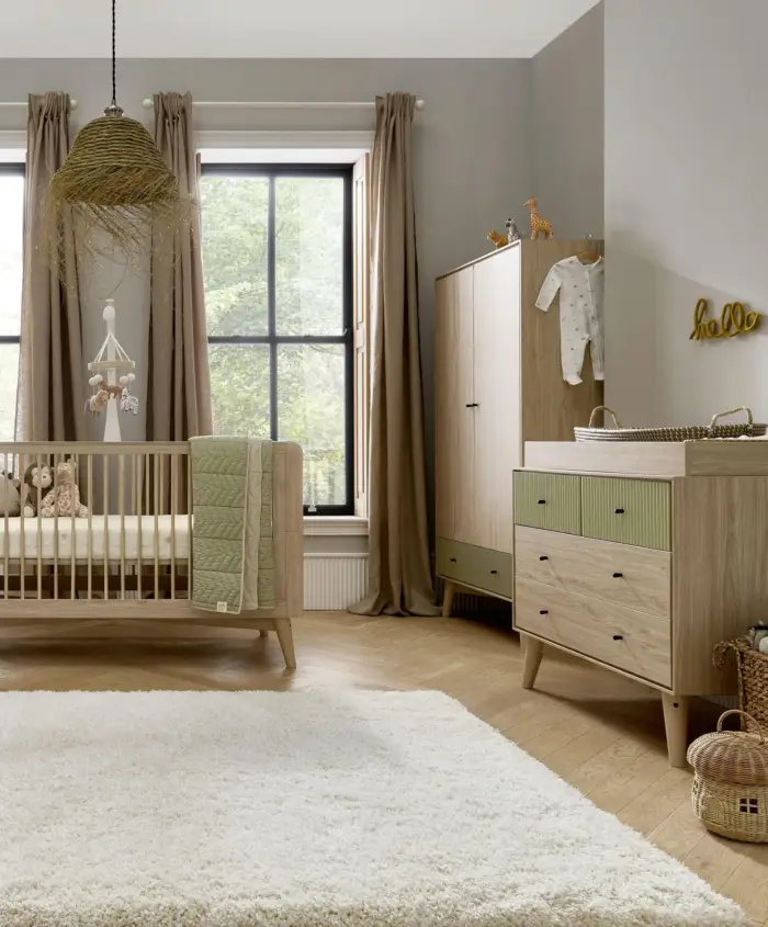 Mamas & Papas Coxley 3 Piece Cotbed Range with Dresser Changer & Wardrobe - Natural/Olive Green