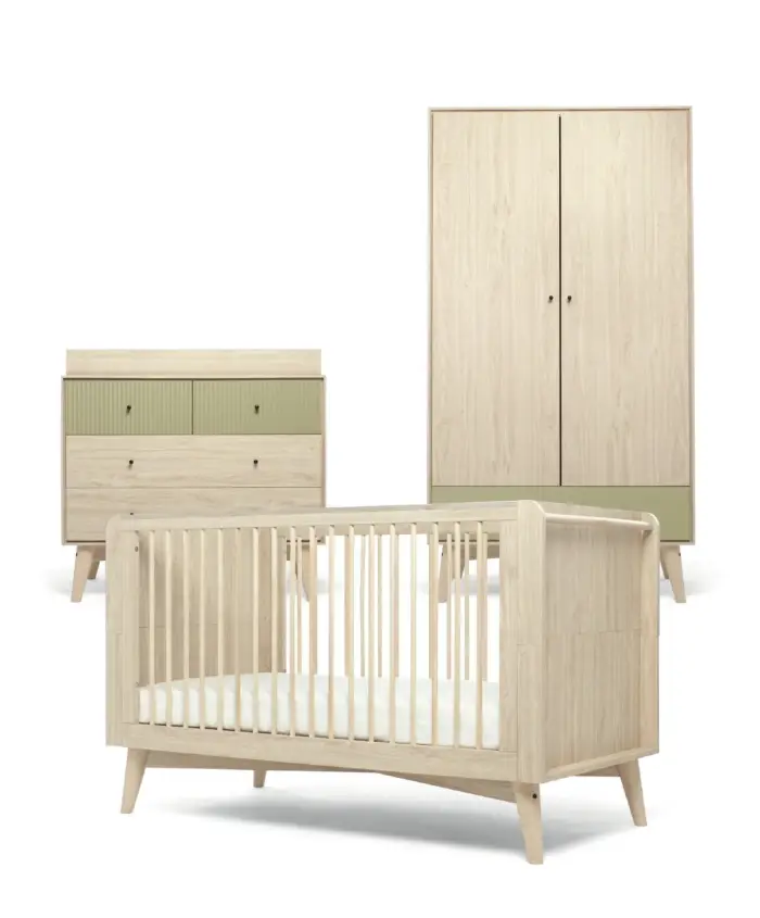 Mamas & Papas Coxley 3 Piece Cotbed Range with Dresser Changer & Wardrobe - Natural/Olive Green