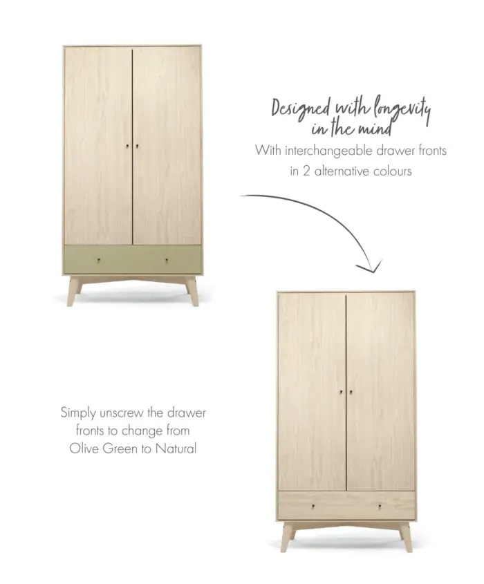 Mamas & Papas Coxley 3 Piece Cotbed Range with Dresser Changer & Wardrobe - Natural/Olive Green