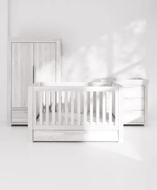 Mamas & Papas Franklin 3 Piece Cotbed Range with Dresser Changer & Double Wardrobe - White Wash