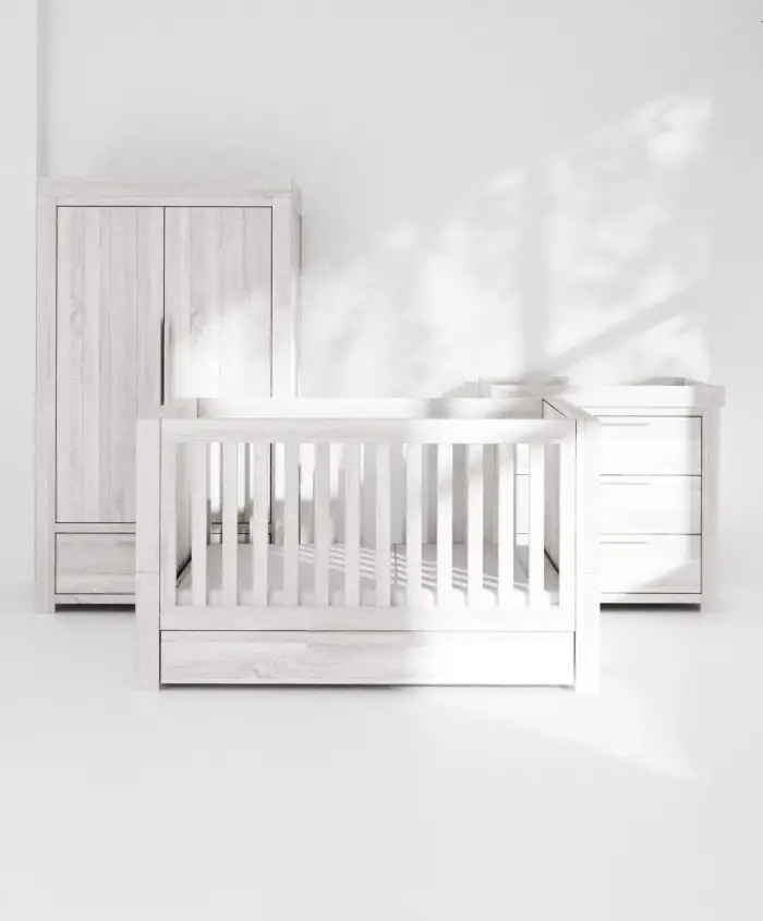 Mamas & Papas Franklin 3 Piece Cotbed Range with Dresser Changer & Double Wardrobe - White Wash