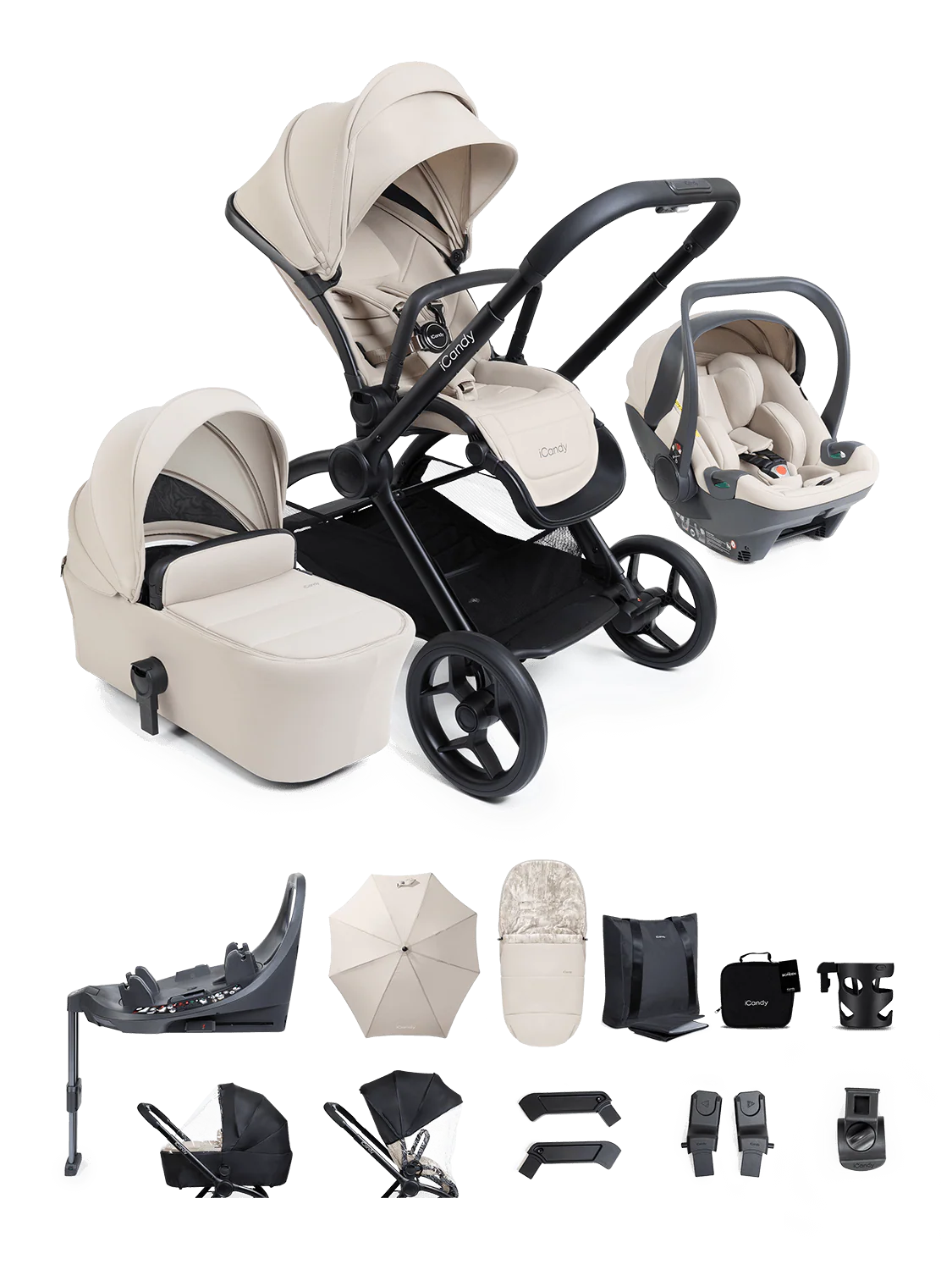 iCandy Core 2 Pushchair and Carrycot Complete 360 Car Seat Bundle-Sandstone