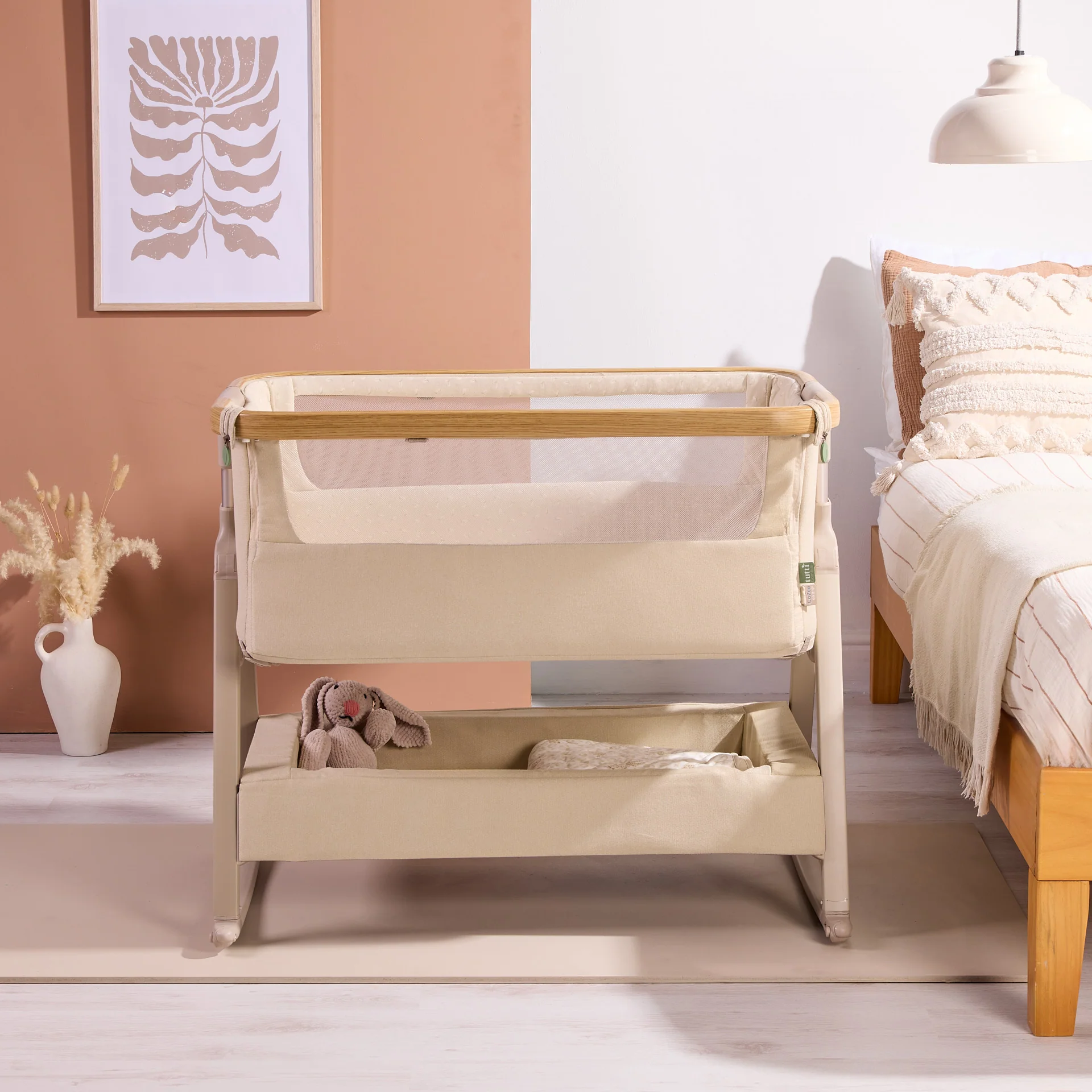 Tutti Bambini CoZee Air 2 Bedside Crib- Toasted Oak / Sand