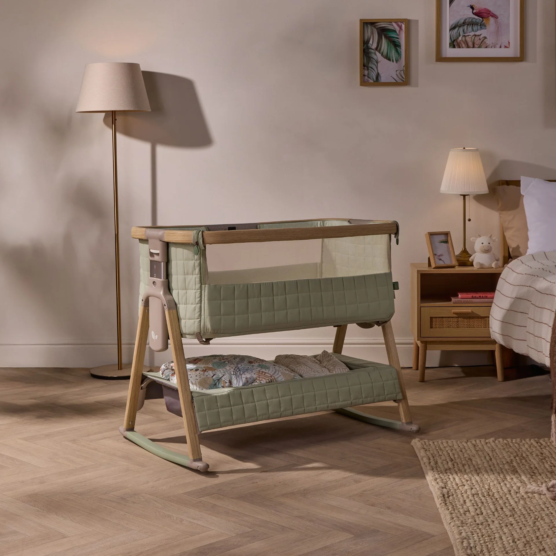 Tutti Bambini Cozee Sense Bedside Crib- Drifted Oak / Eucalyptus