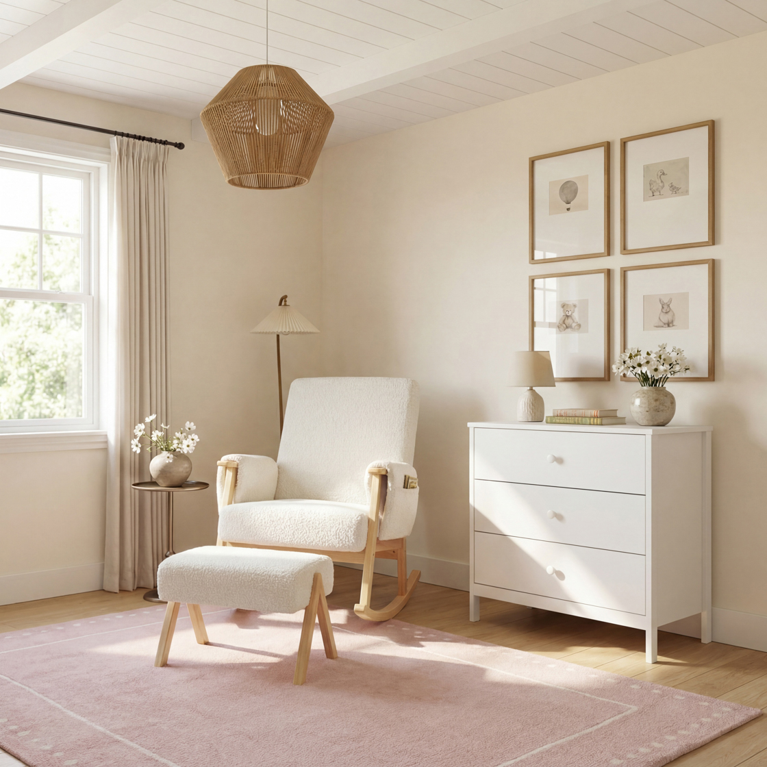 Bebe & Beyond Storyteller Nursing Chair & Stool – Off-White Teddy