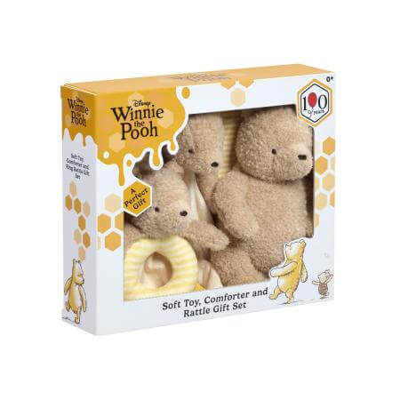 Disney Winnie The Pooh 100 Soft Toy, Comforter and Ring Rattle Gift Set